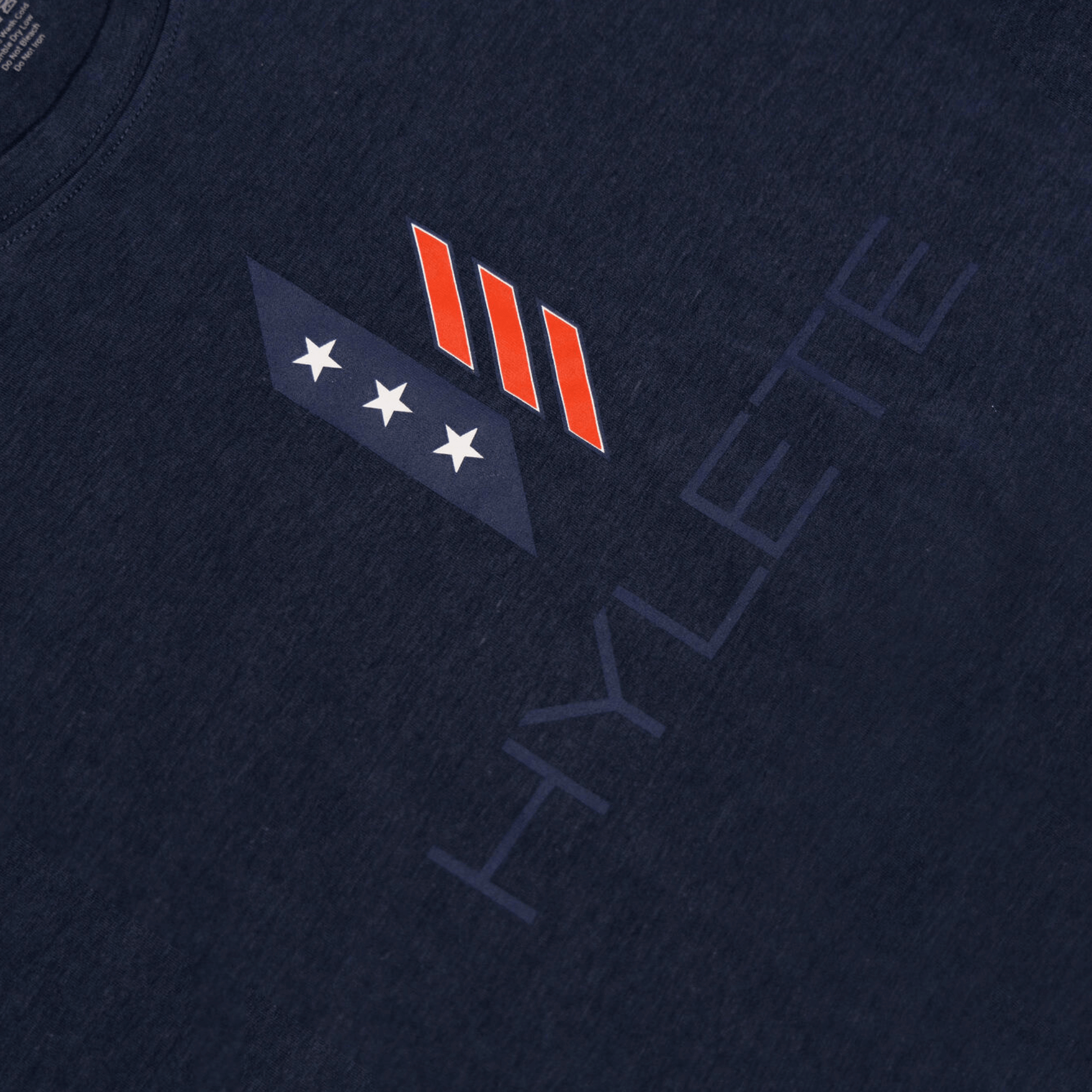 Navy Stacked Nation HY-Blend Crew Tee with logo and stars design on premium fabric for versatile athletes.