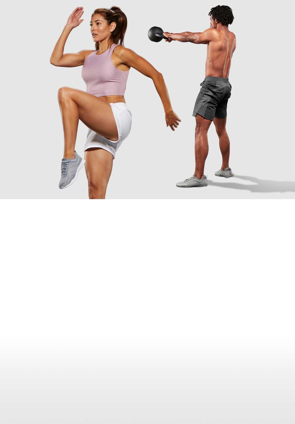 A man and a woman performing exercises on a light gray background. On the left, a woman with dark hair tied back is doing a high-knee exercise, wearing a HYLETE light pink sports bra and white athletic shorts. On the right, a man with dark, curly hair is performing a kettlebell swing with a black kettlebell, wearing HYLETE gray athletic shorts.