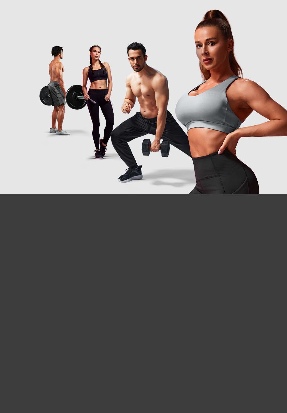 A promotional image featuring four fit people in Hylete gear (two men and two women) posing with gym equipment, including dumbbells and barbells, against a plain light background. A woman in a gray sports bra is prominently featured in the foreground.