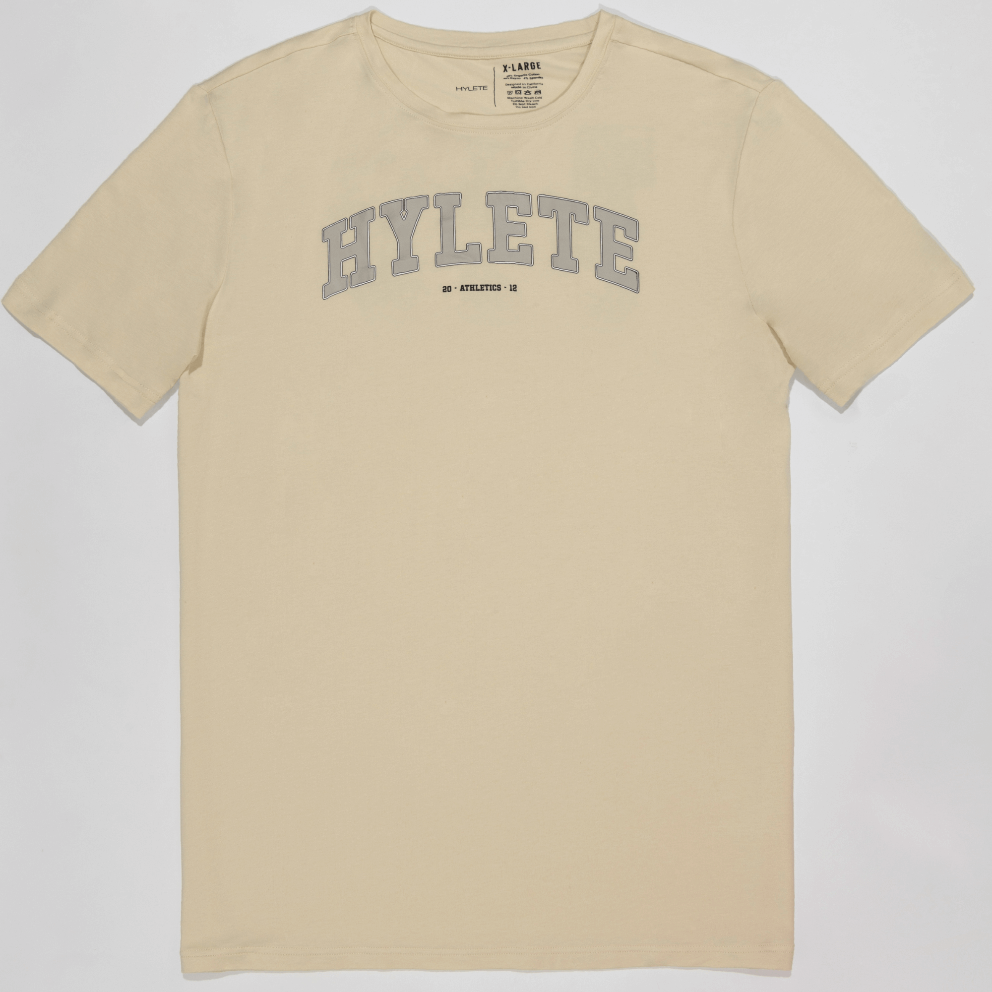 HYLETE 12 HY-Blend Crew Tee in Bone White, high-performance fabric with organic cotton for athletes, front view.