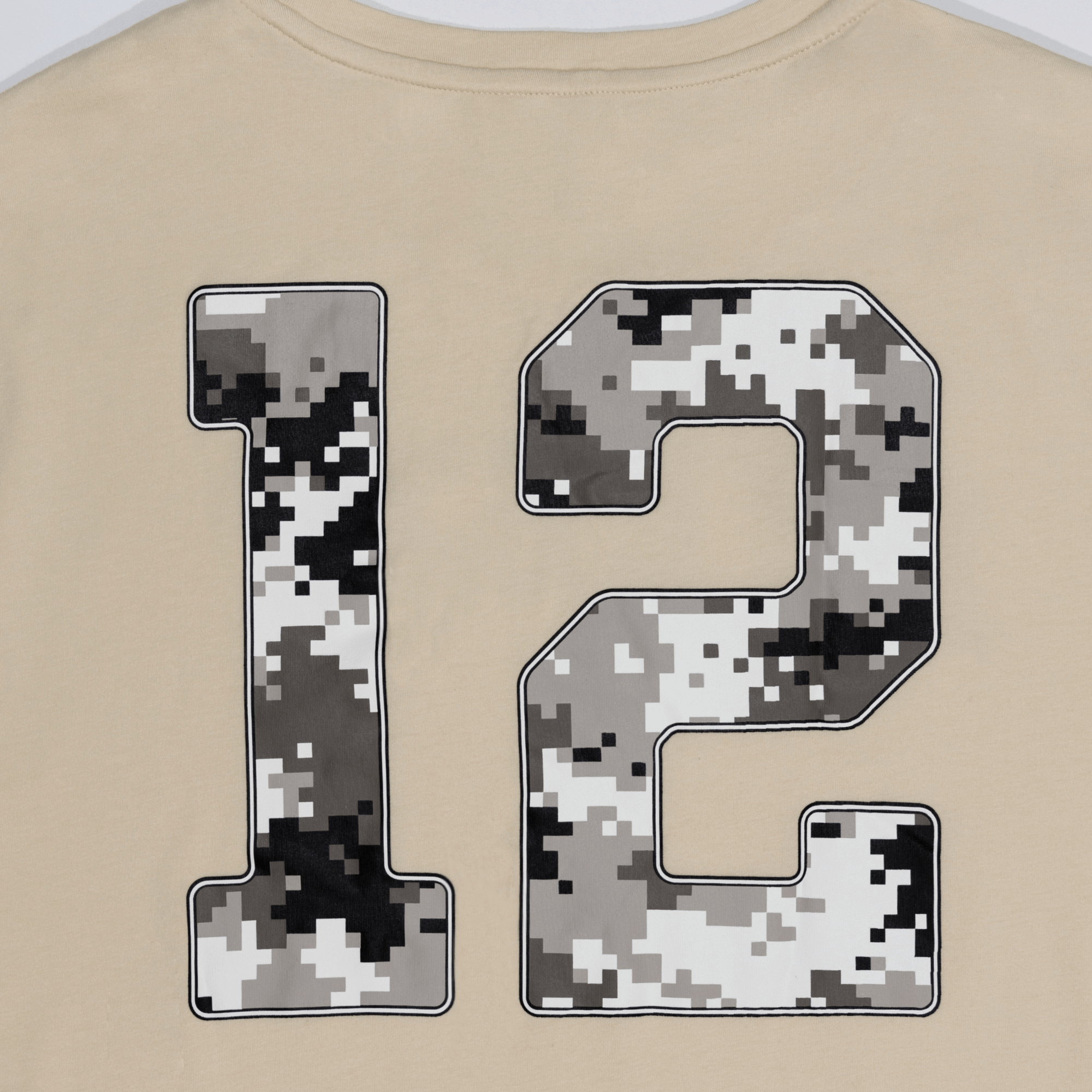 HYLETE 12 camo print detail on Bone White HY-Blend Crew Tee back view.