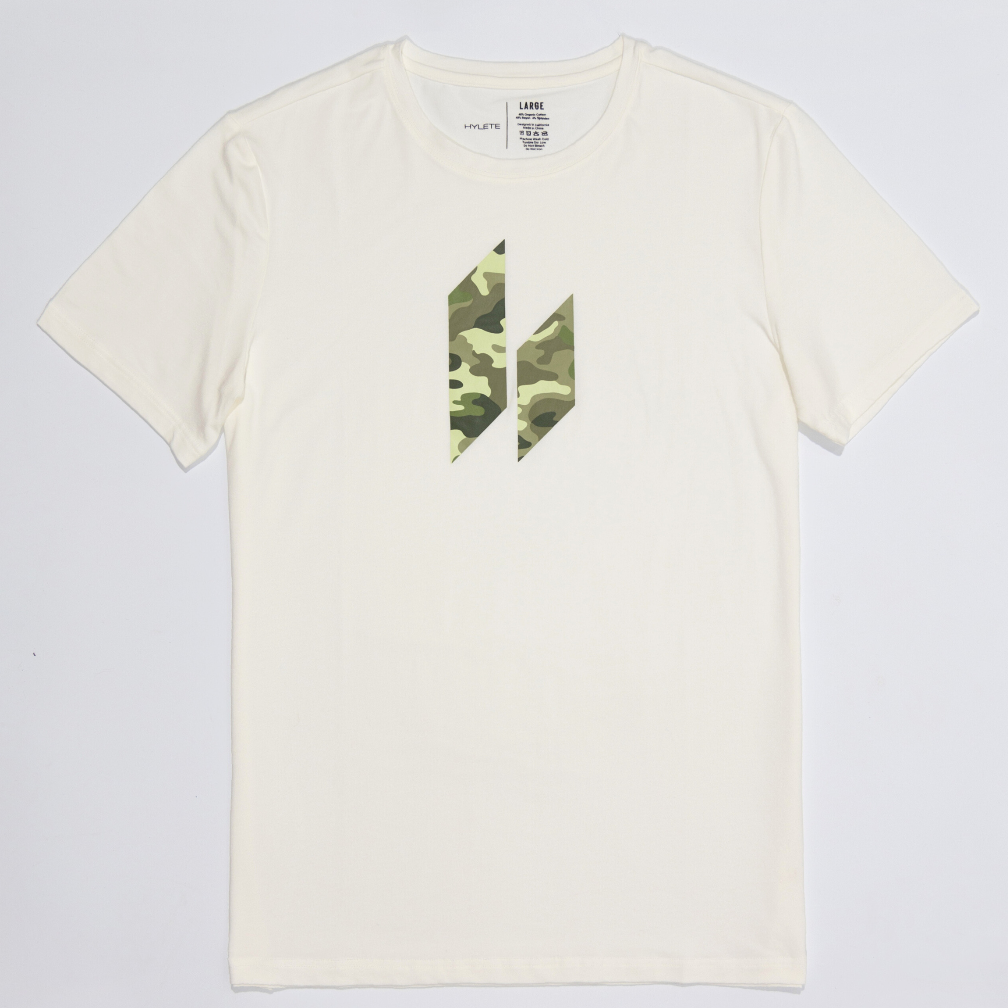 White Camo Icon HY-Blend Crew Tee featuring high-performance organic cotton blend for comfortable wear.