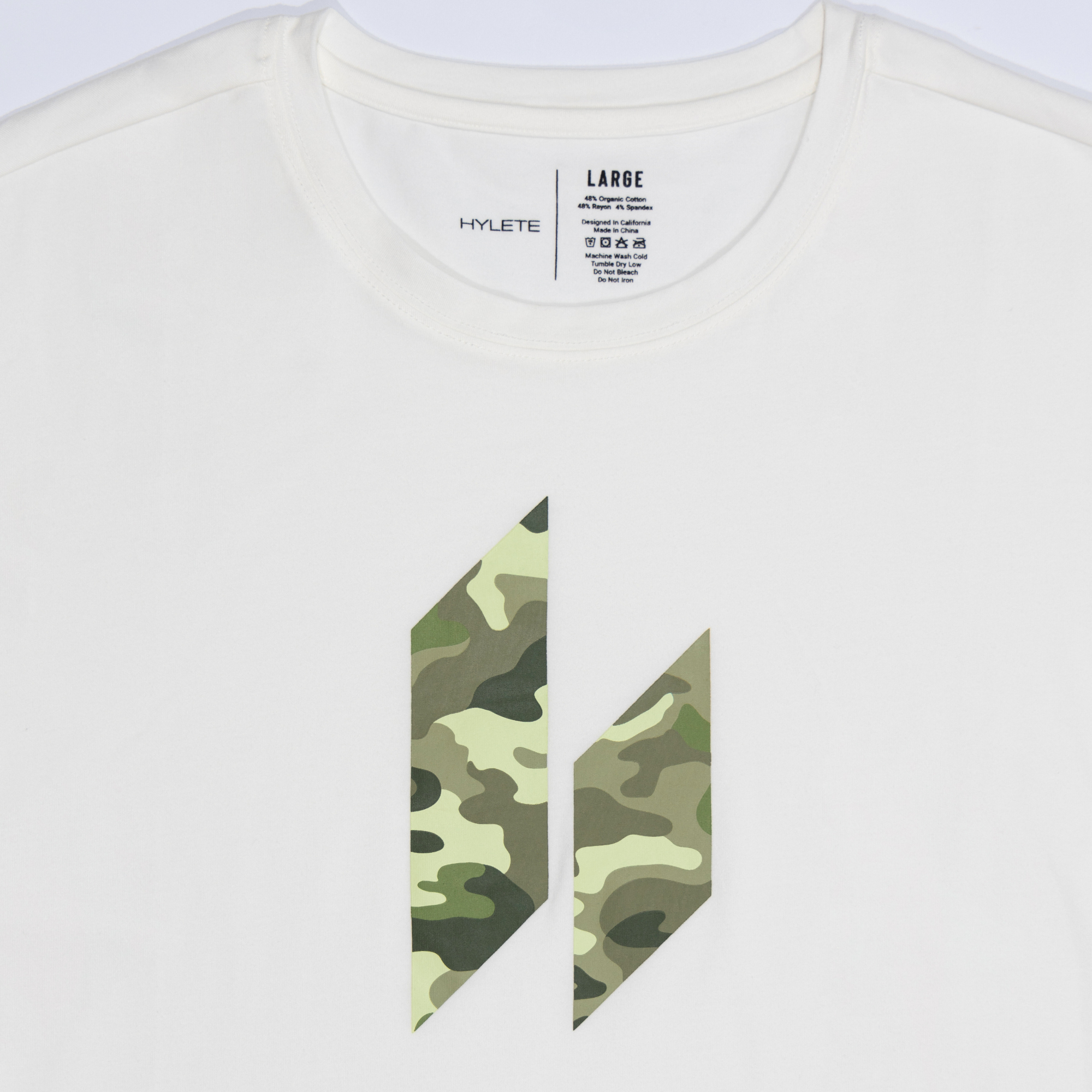 Camo Icon HY-Blend Crew Tee in White with camo logo design, premium athletic fabric for performance and recovery.