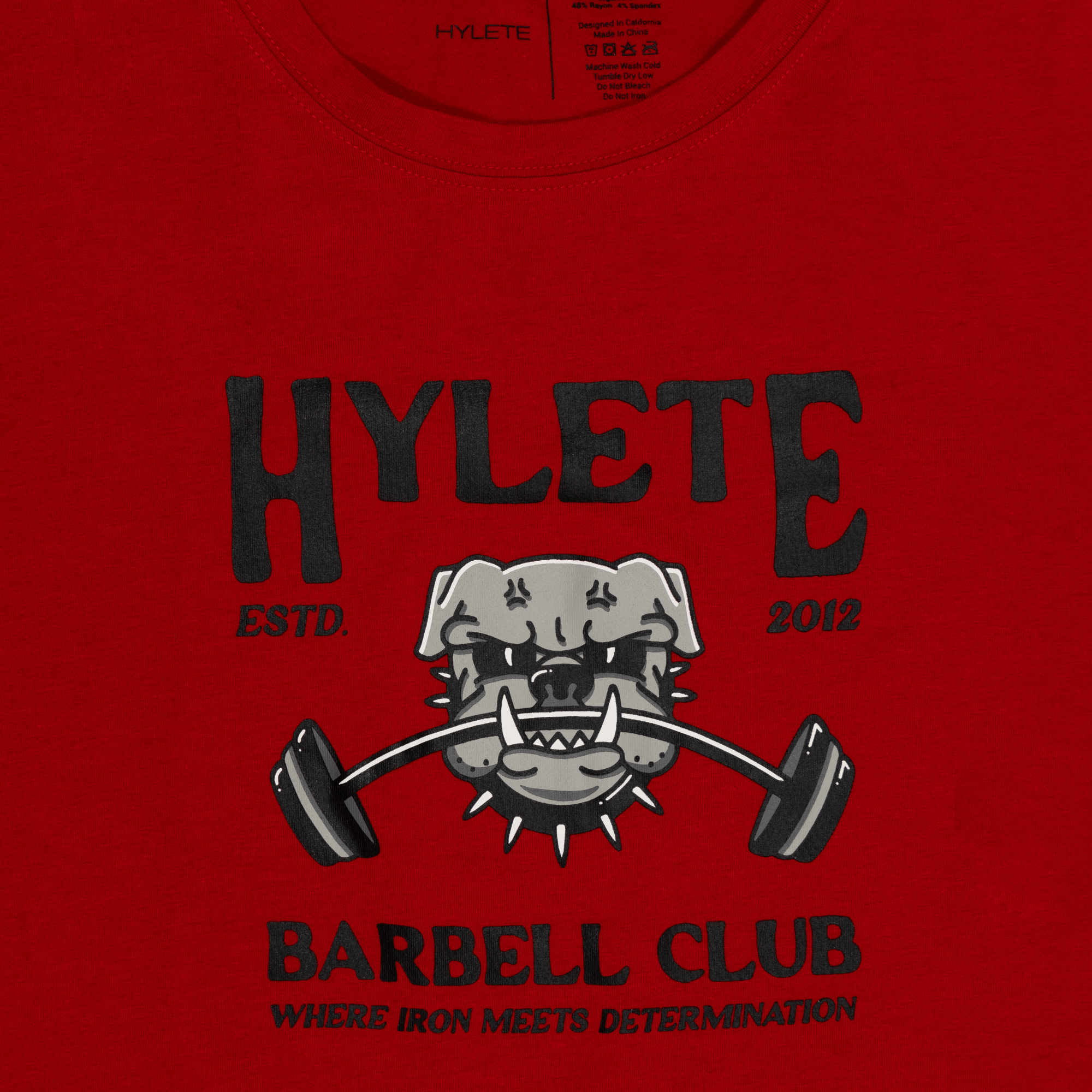 Barbell Club HY-Blend Crew Tee in crimson red featuring Hylete logo with barbell graphic for athletes.