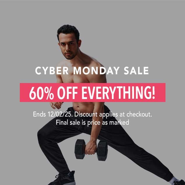 A fit man wearing Hylete black athletic pants is holding a dumbbell in a lunge position in a Cyber Monday Sale banner.