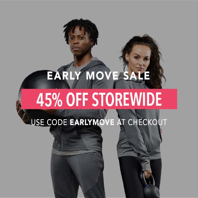 a man holding a large black medicine ball and a woman holding a black kettlebell. Both are wearing Hylete athletic apparel. Text overlay reads: "EARLY MOVE SALE", "45% OFF STOREWIDE", "USE CODE EARLYMOVE AT CHECKOUT".