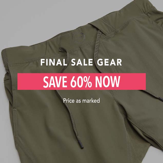 A close-up shot of the waistband and drawstring of Hylete Ion Pants in olive green. The overlay text reads: "FINAL SALE GEAR SAVE 60% NOW Price as marked."