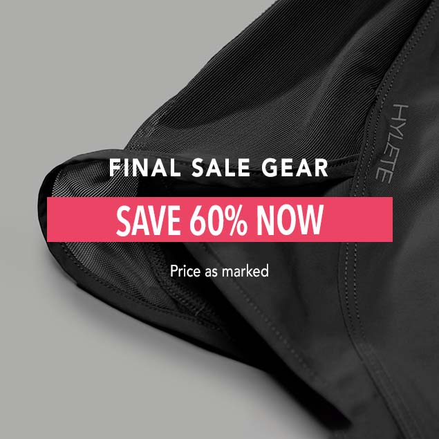A close-up shot of Hylete Radius Lined black shorts. The overlay text reads: "FINAL SALE GEAR SAVE 60% NOW Price as marked."