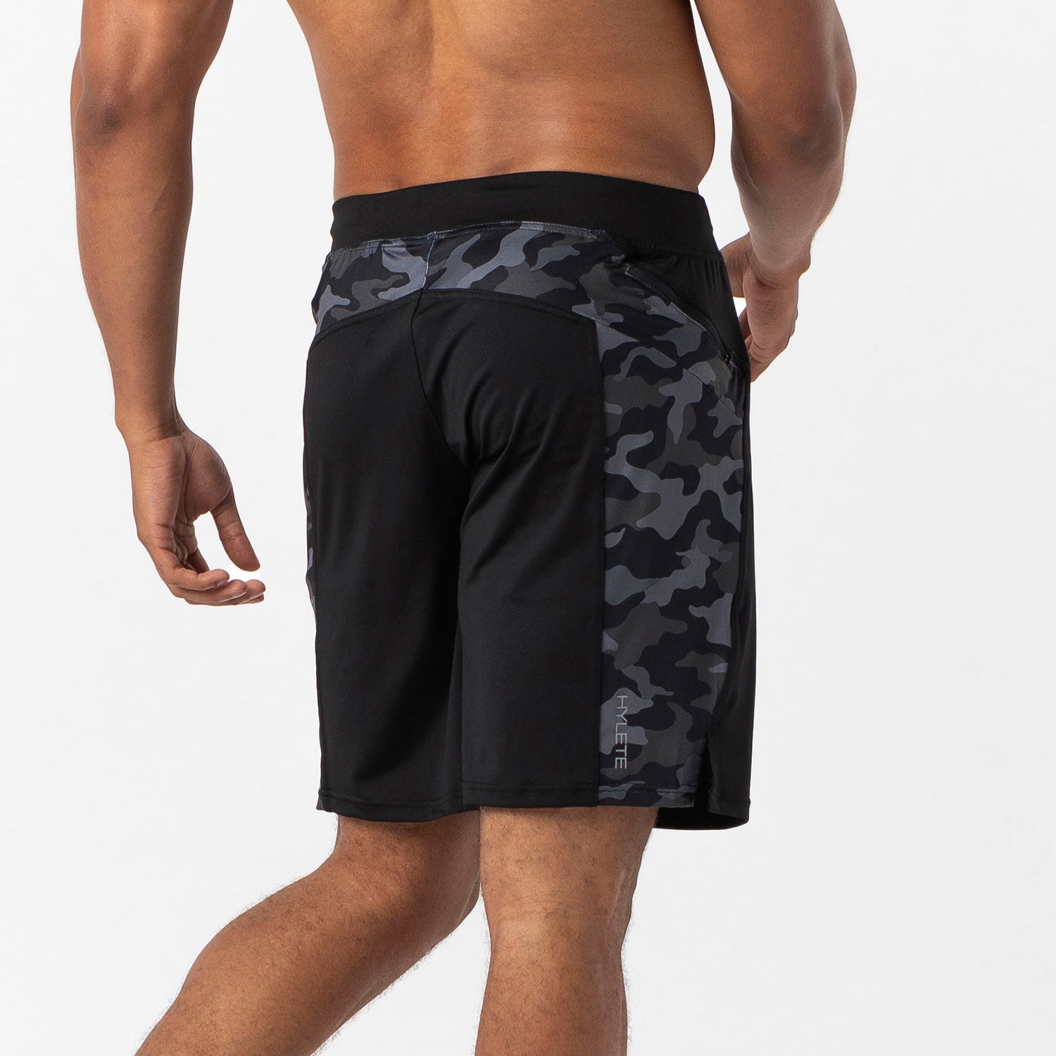 Helix III Short in black camo, showcasing durable fabric and generous cut for ultimate comfort during workouts.