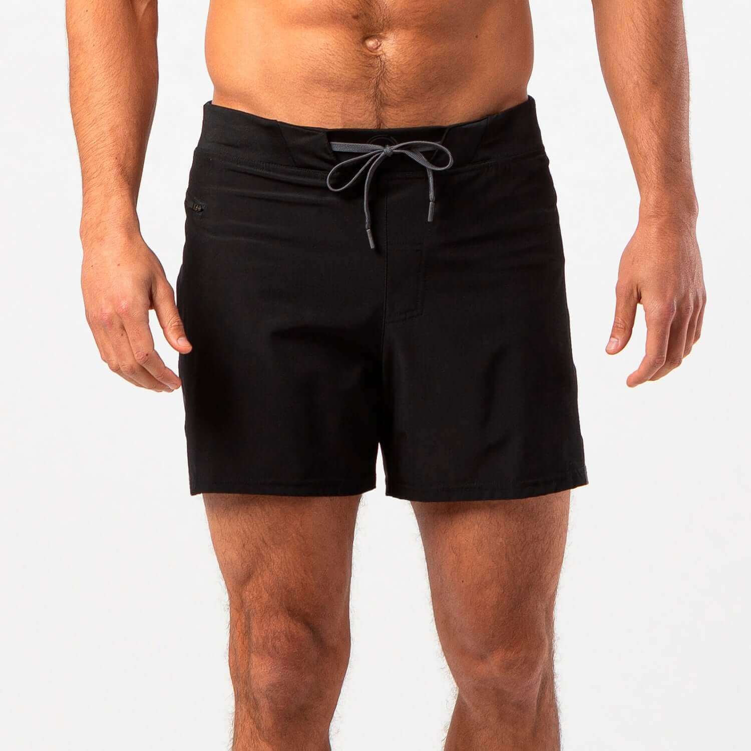 Lightweight black shorts for men, ideal for high-impact workouts and running, featuring a breathable mesh liner and roomy pocket.