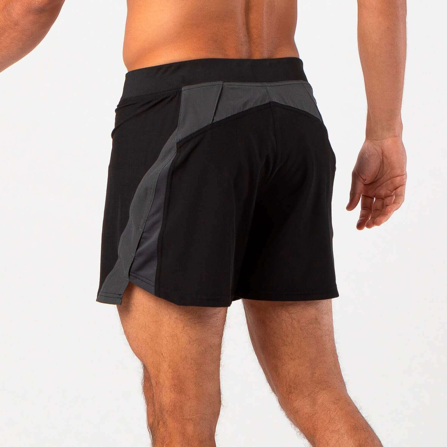 Back view of incline lined black shorts with breathable brief liner and towel loop, perfect for high-impact workouts.