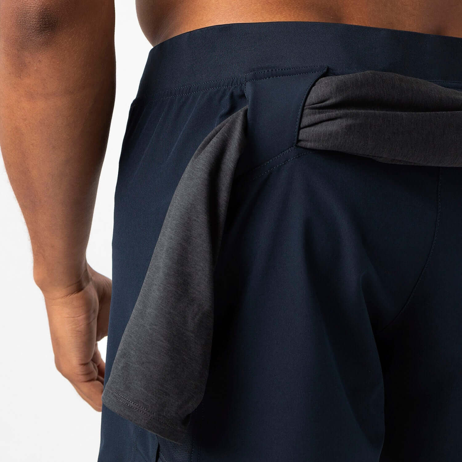 Close-up of the Incline Lined Short in navy, showcasing the towel loop feature for easy storage during workouts.
