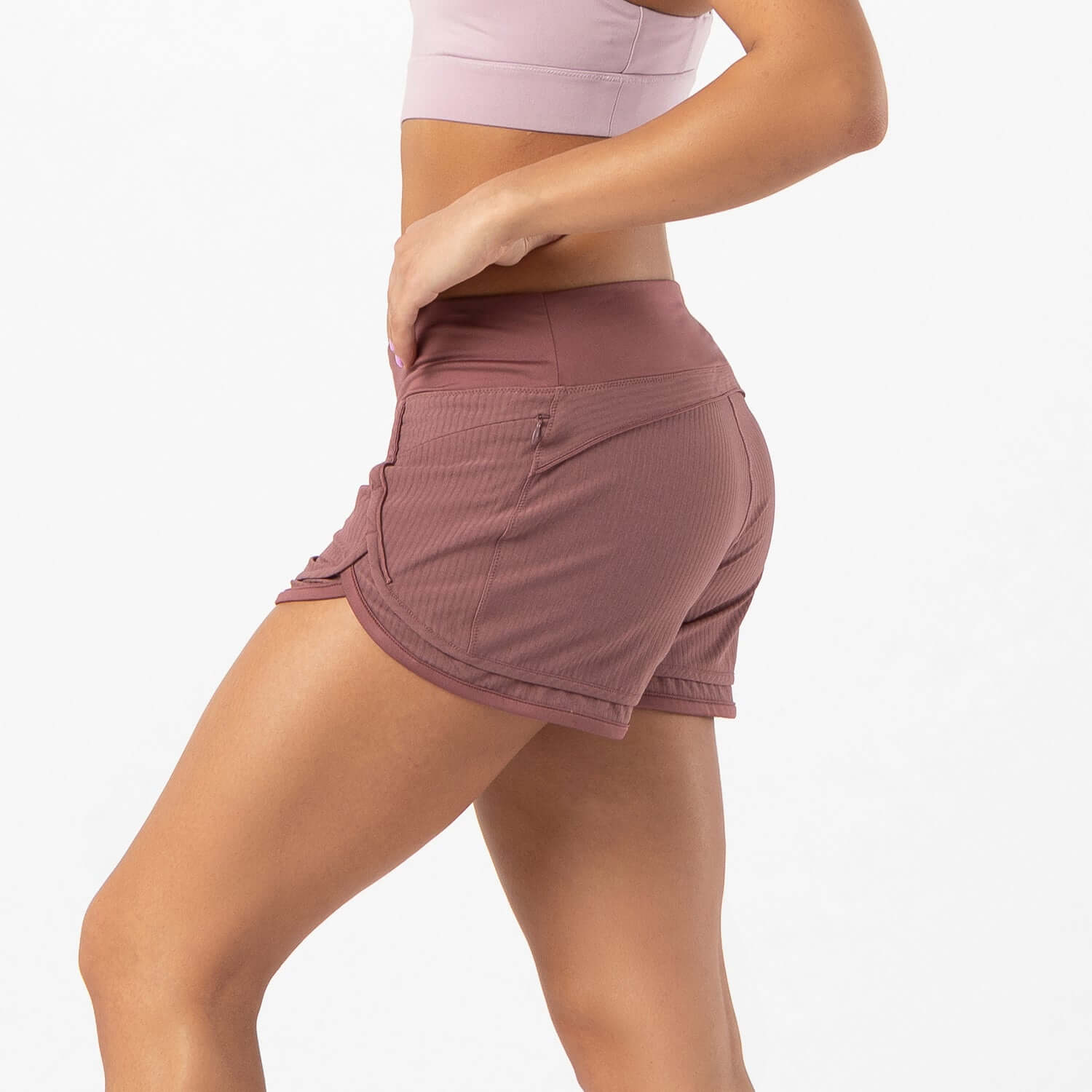 Iris Lined Short in mauve brown, featuring a flexible waistband and breathable mesh liner for comfortable workouts.