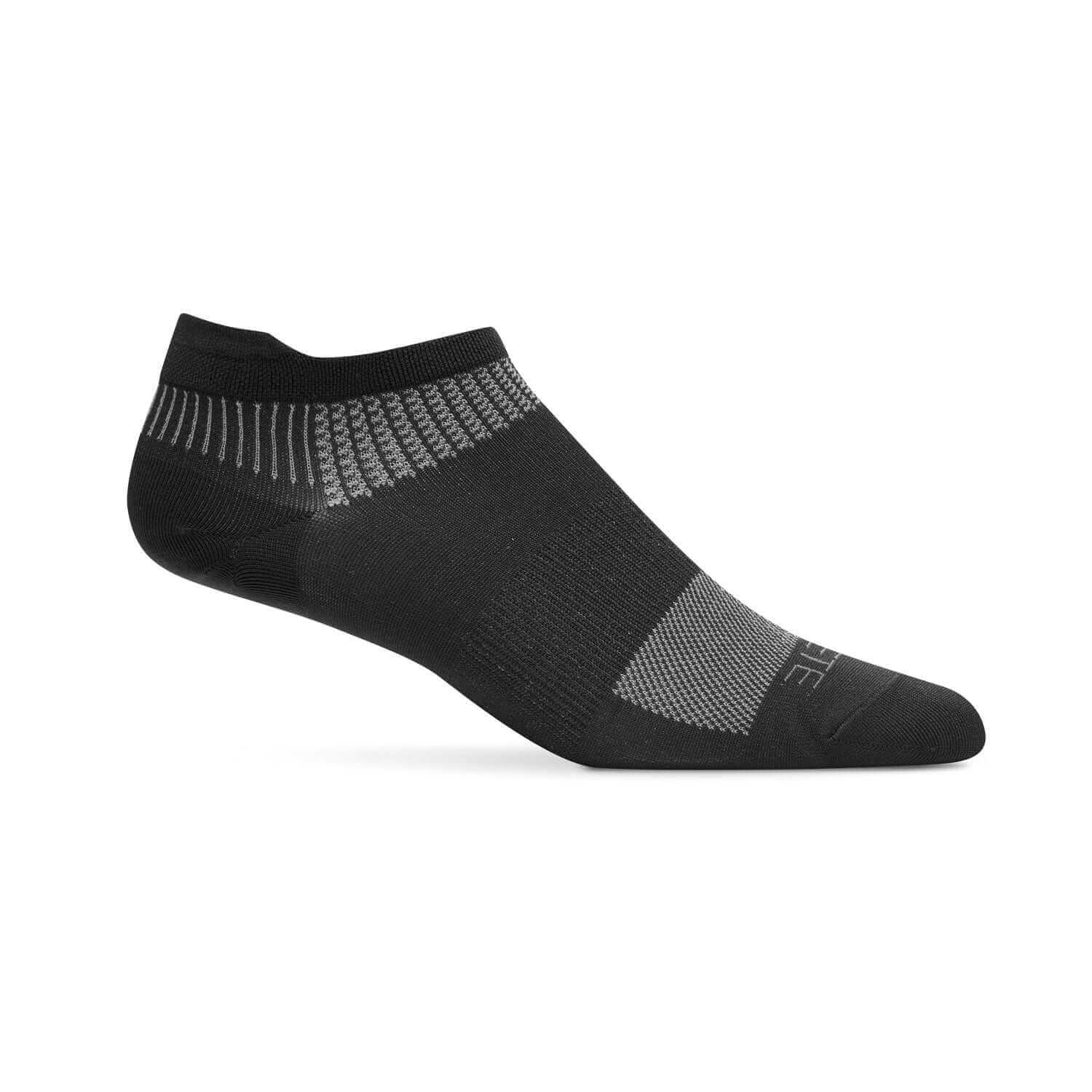 Lightweight black and cool gray run sock with protective heel tab and engineered arch support for ultimate comfort.