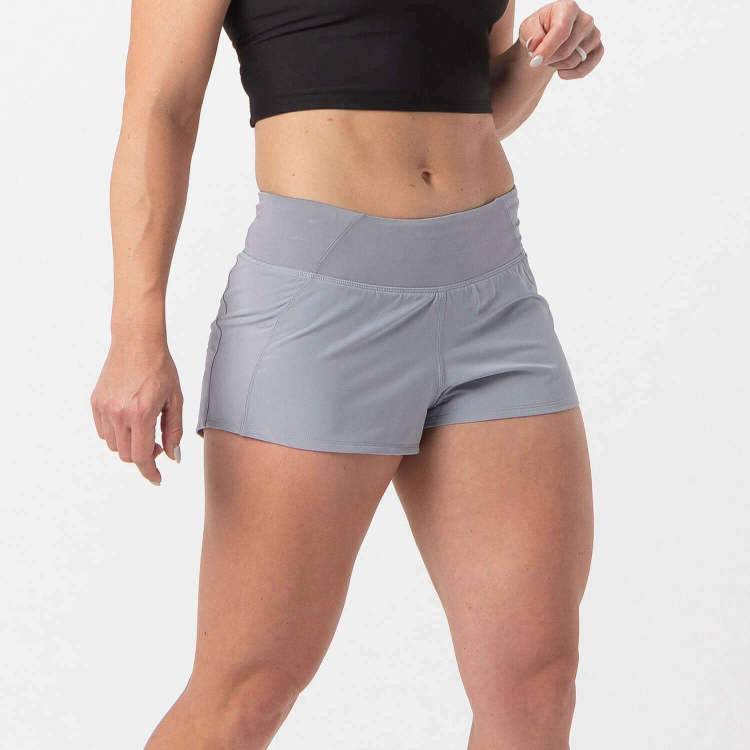 Vita Short Eclipse Gray for runners and HIIT athletes with smooth-stretch waistband, built-in liner, and zippered pocket.