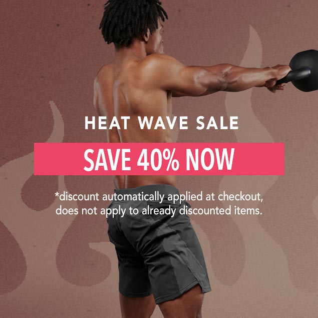 A man exercising with a kettlebell in the background, with a text over offering "SAVE 40% NOW."