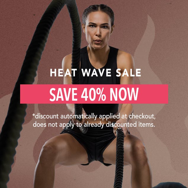 A woman exercising with battle ropes in the background, with a text over offering "SAVE 40% NOW."