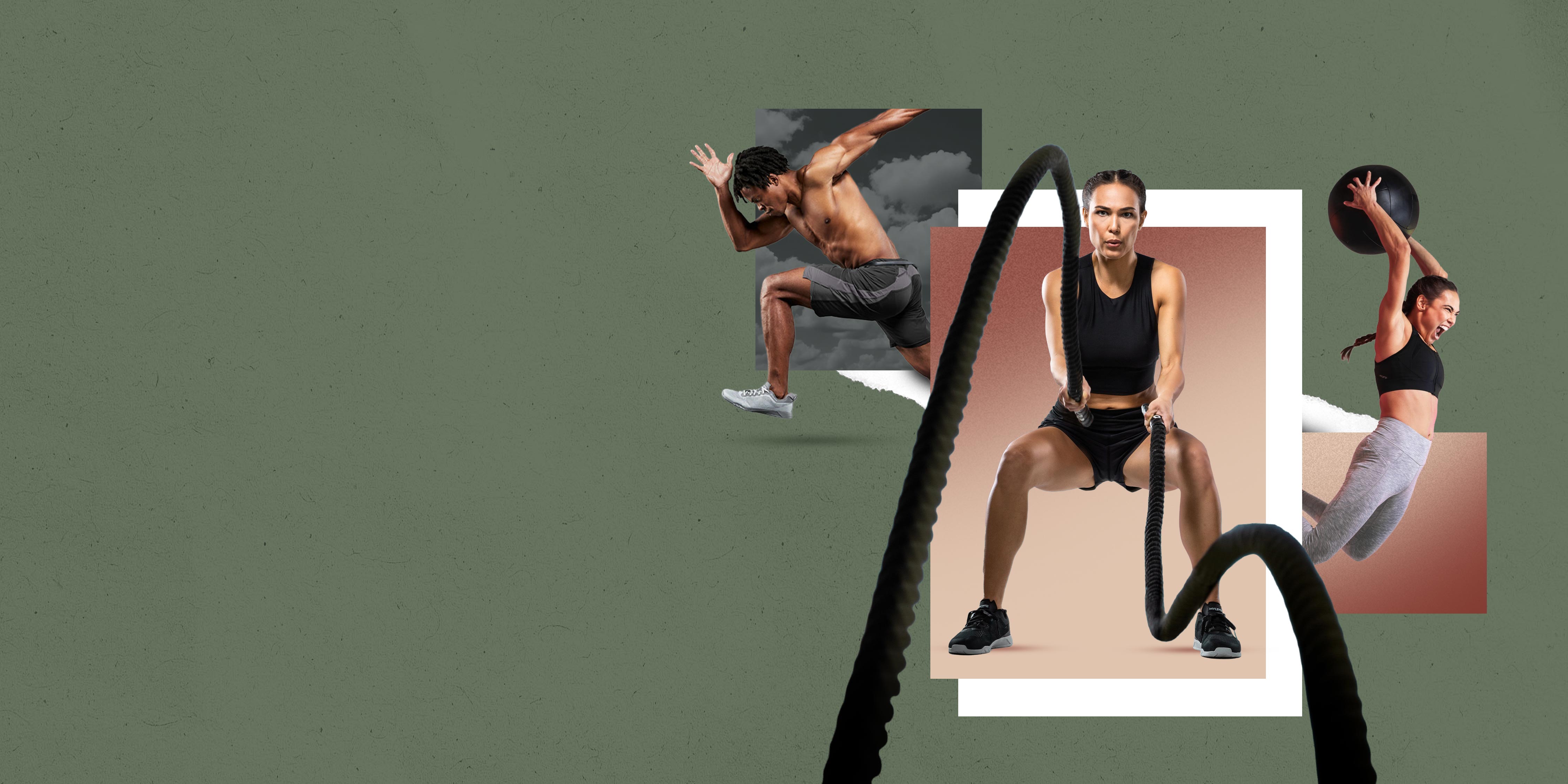 Three elite athletes in dynamic training poses: a man sprinting forward with explosive power, a woman dominating battle ropes in a powerful squat stance, and another woman mid-air slamming a medicine ball, all showcasing premium performance-driven athletic wear designed by Hylete.