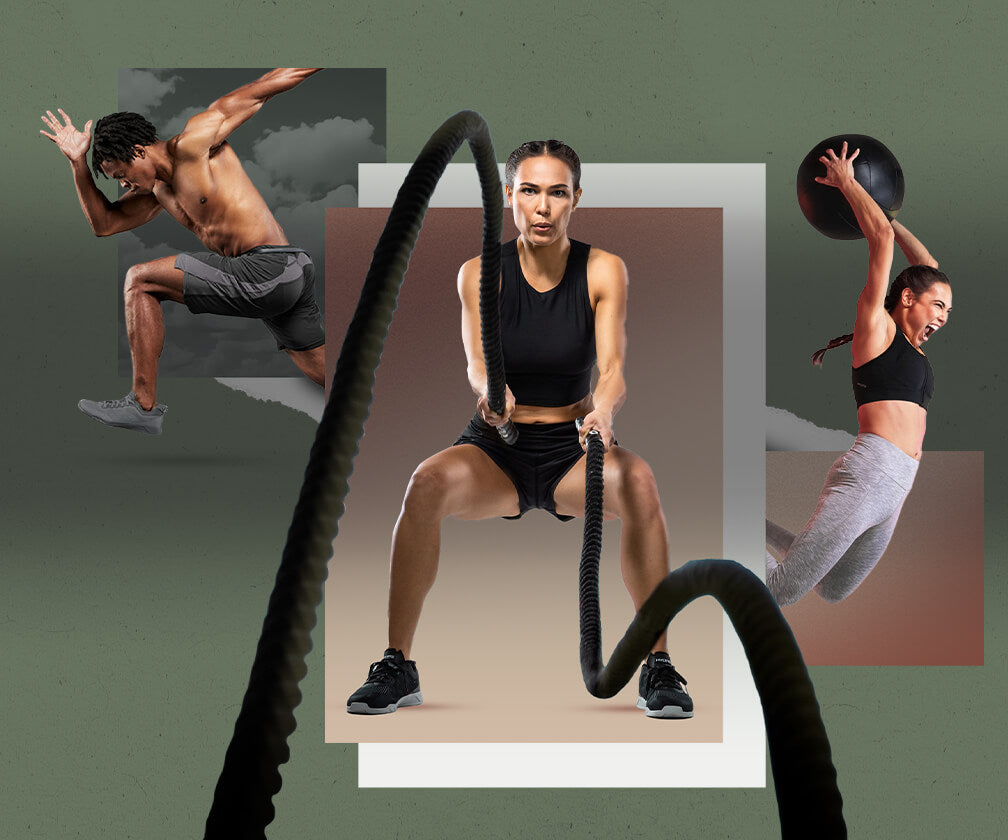 Three elite athletes in dynamic training poses: a man sprinting forward with explosive power, a woman dominating battle ropes in a powerful squat stance, and another woman mid-air slamming a medicine ball, all showcasing premium performance-driven athletic wear designed by Hylete.