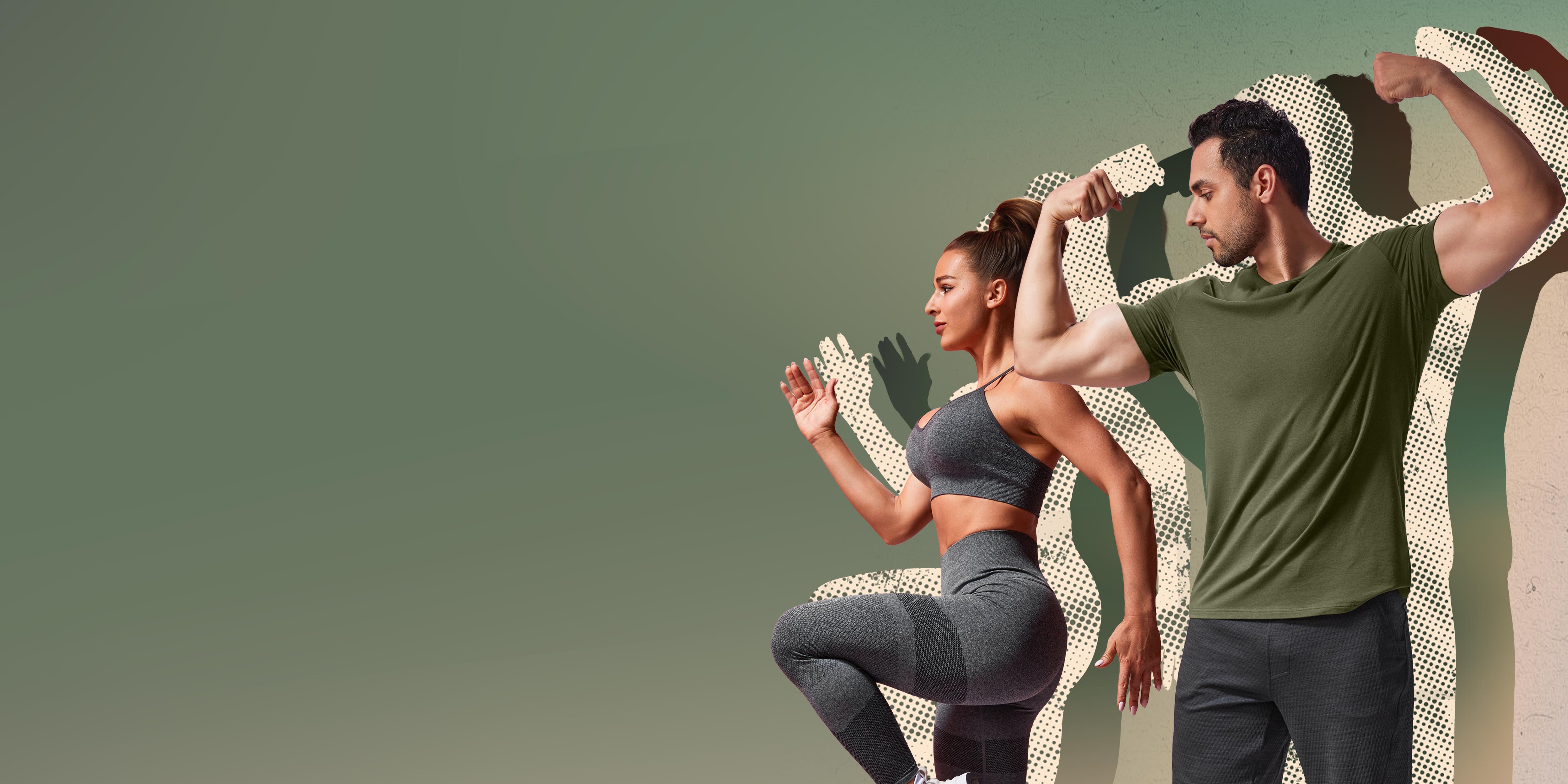 A man and woman in Hylete athletic wear in a dynamic pose. The woman on the left is in Luna II bra and matching Luna II tight, performing a high-knee exercise. The man on the right, wearing minimalist HY-Blend crew tee olive green and Recline short black, is flexing his biceps.