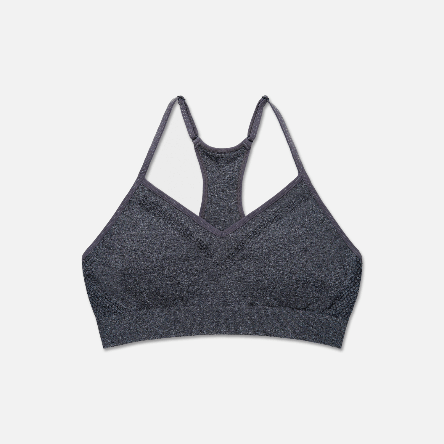 Luna II Bra in Heather Black, soft breathable fabric, mid-level support for workouts, and a flattering silhouette.