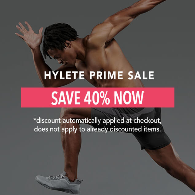 Shirtless male athlete in HYLETE black athletic shorts mid-sprint pose, promoting HYLETE Prime Sale with “Save 40% Now” banner.