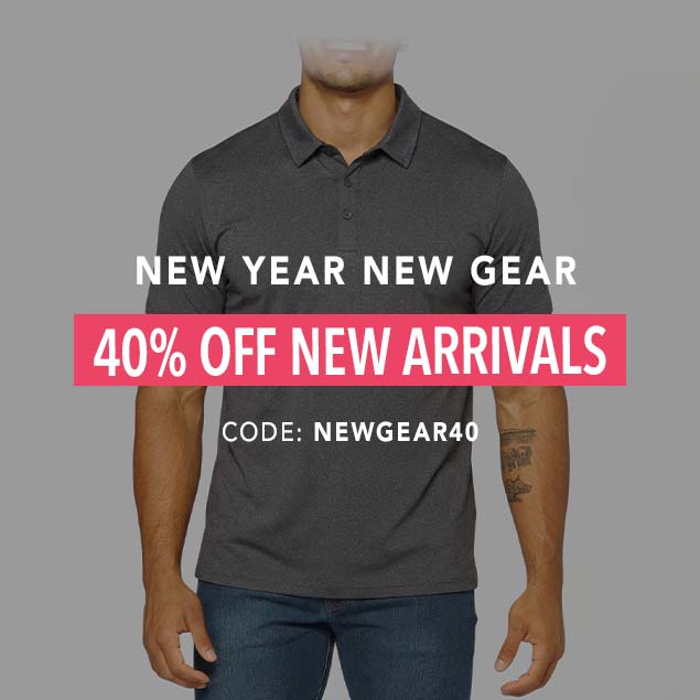 A man wearing a heather black Hylete Nexus Polo and jeans, standing with his hands at his sides. Overlay text reads: "NEW YEAR NEW GEAR 40% OFF NEW ARRIVALS CODE: NEWGEAR40".