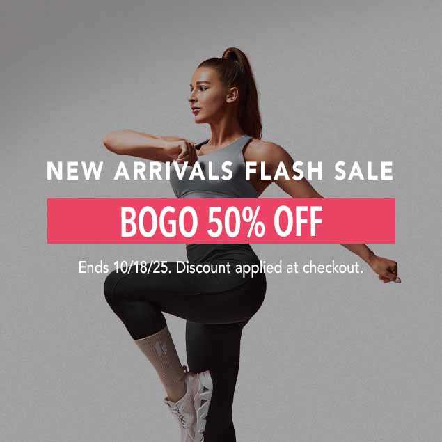 A woman in Hylete gear (grey sports bra, black leggings) posing in a dynamic stance. The text overlay reads: 
