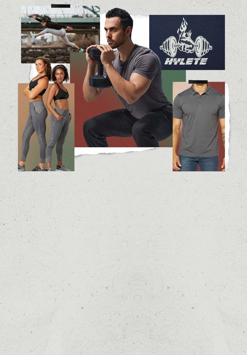 Collage featuring HYLETE athletic wear, including a man performing a squat with a dumbbell, women in gray leggings and sports bras, a woman jumping, a man in a gray polo shirt, and a graphic blue tee.