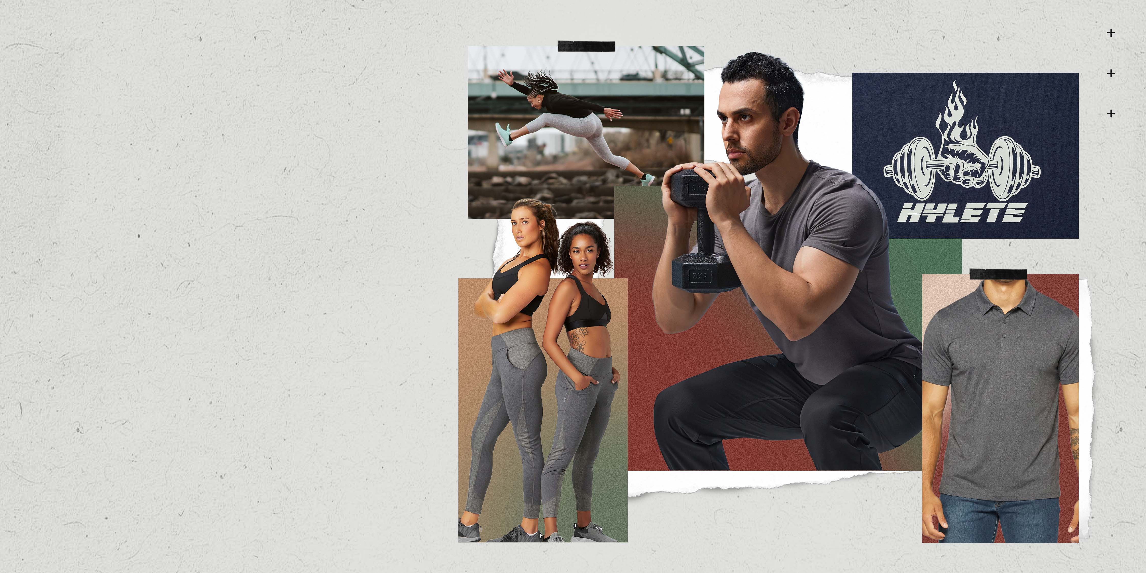 Collage featuring HYLETE athletic wear, including a man performing a squat with a dumbbell, women in gray leggings and sports bras, a woman jumping, a man in a gray polo shirt, and a graphic blue tee.