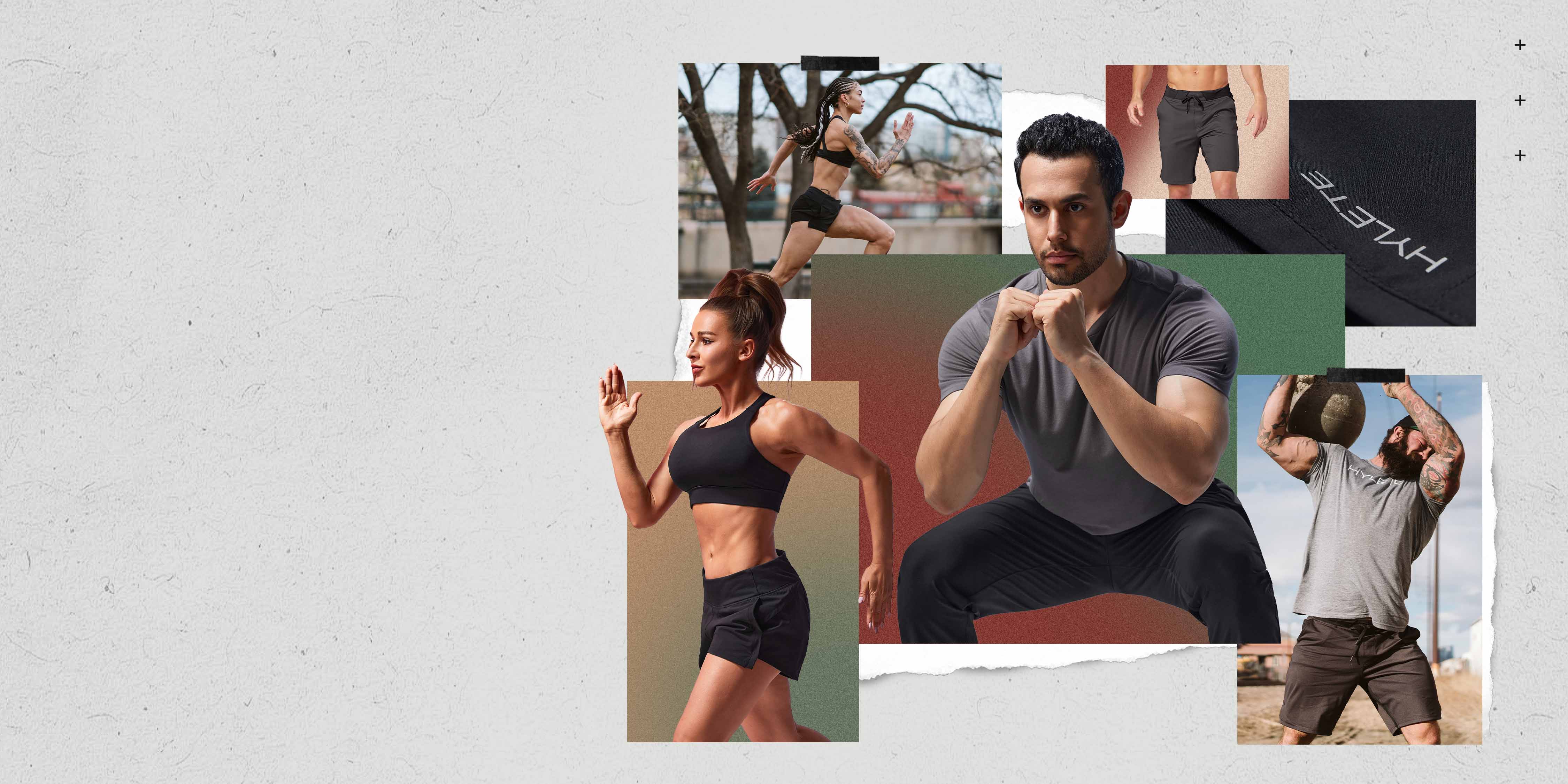 A fitness-themed collage showcasing Hylete apparel for men and women. The center of the image is a man in a gray t-shirt and black pants, crouching in a squat. Around him are smaller images: a woman with a high ponytail running, a woman with a braid running, a detail shot of black shorts, and a man lifting a large, heavy stone.