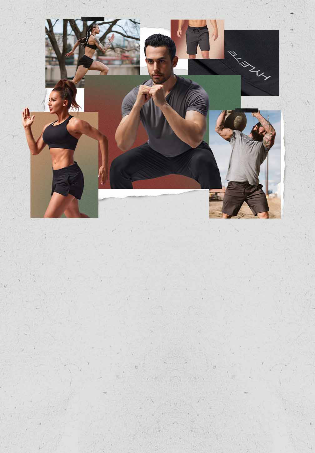 A fitness-themed collage showcasing Hylete apparel for men and women. The center of the image is a man in a gray t-shirt and black pants, crouching in a squat. Around him are smaller images: a woman with a high ponytail running, a woman with a braid running, a detail shot of black shorts, and a man lifting a large, heavy stone.