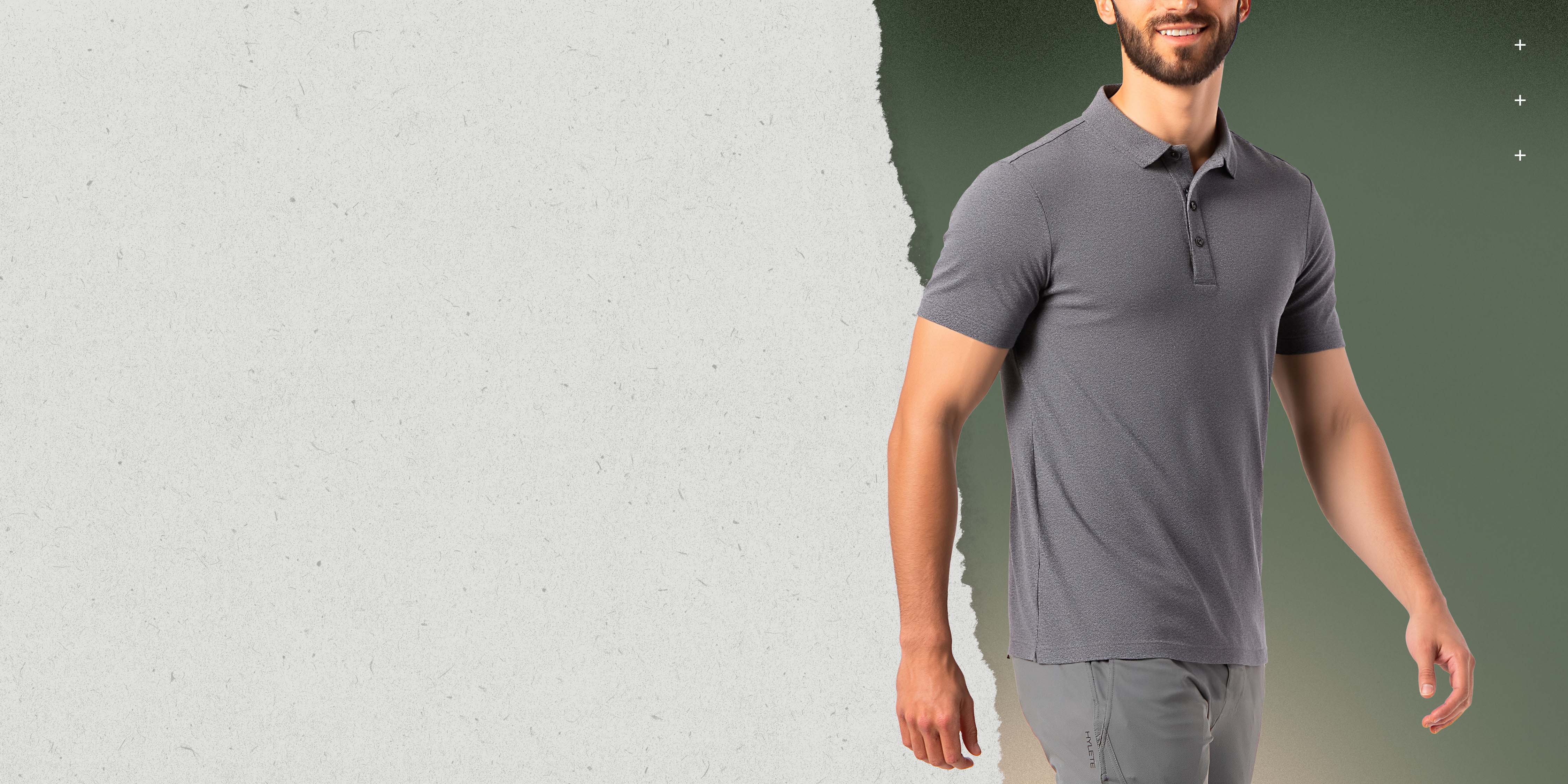 A man wearing a Hylete Nexus Heather Black Polo shirt.