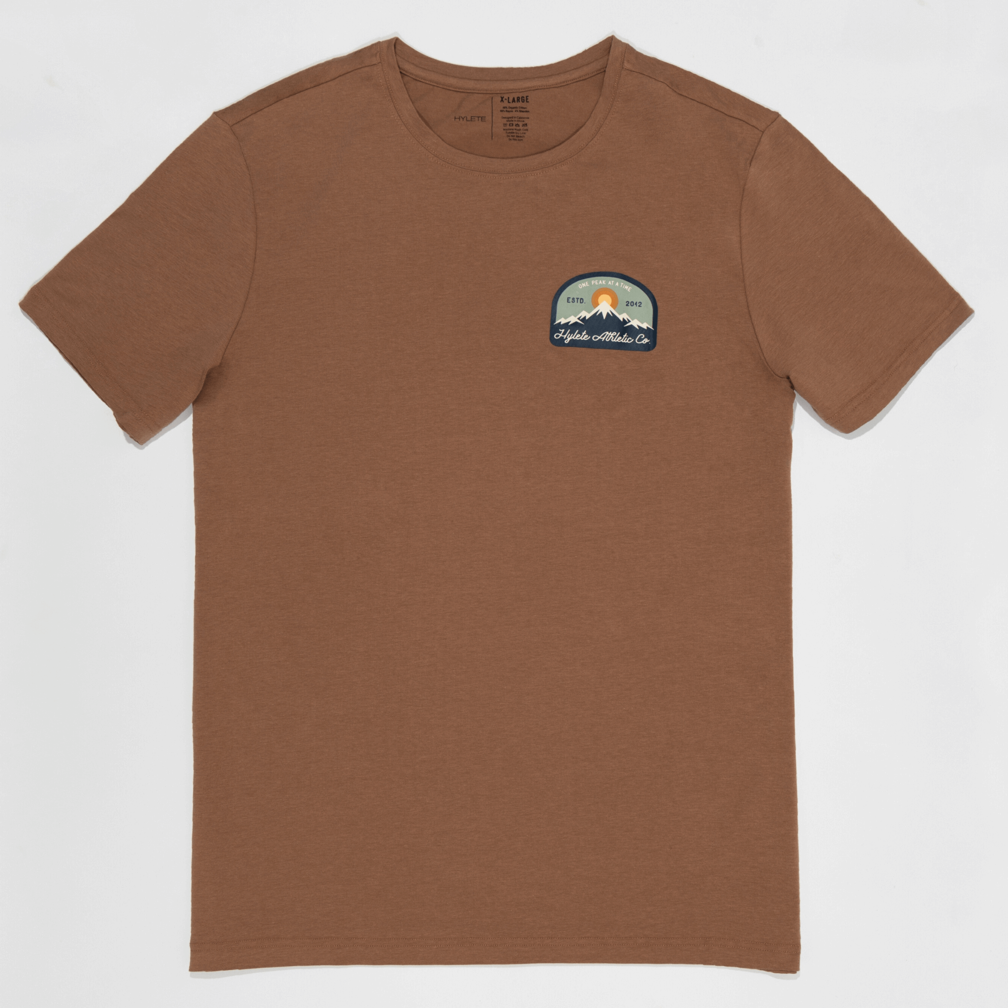 One Peak HY-Blend Crew Tee in Raw Umber color, featuring a premium blend of organic cotton and high-stretch fabric for versatile athletes.