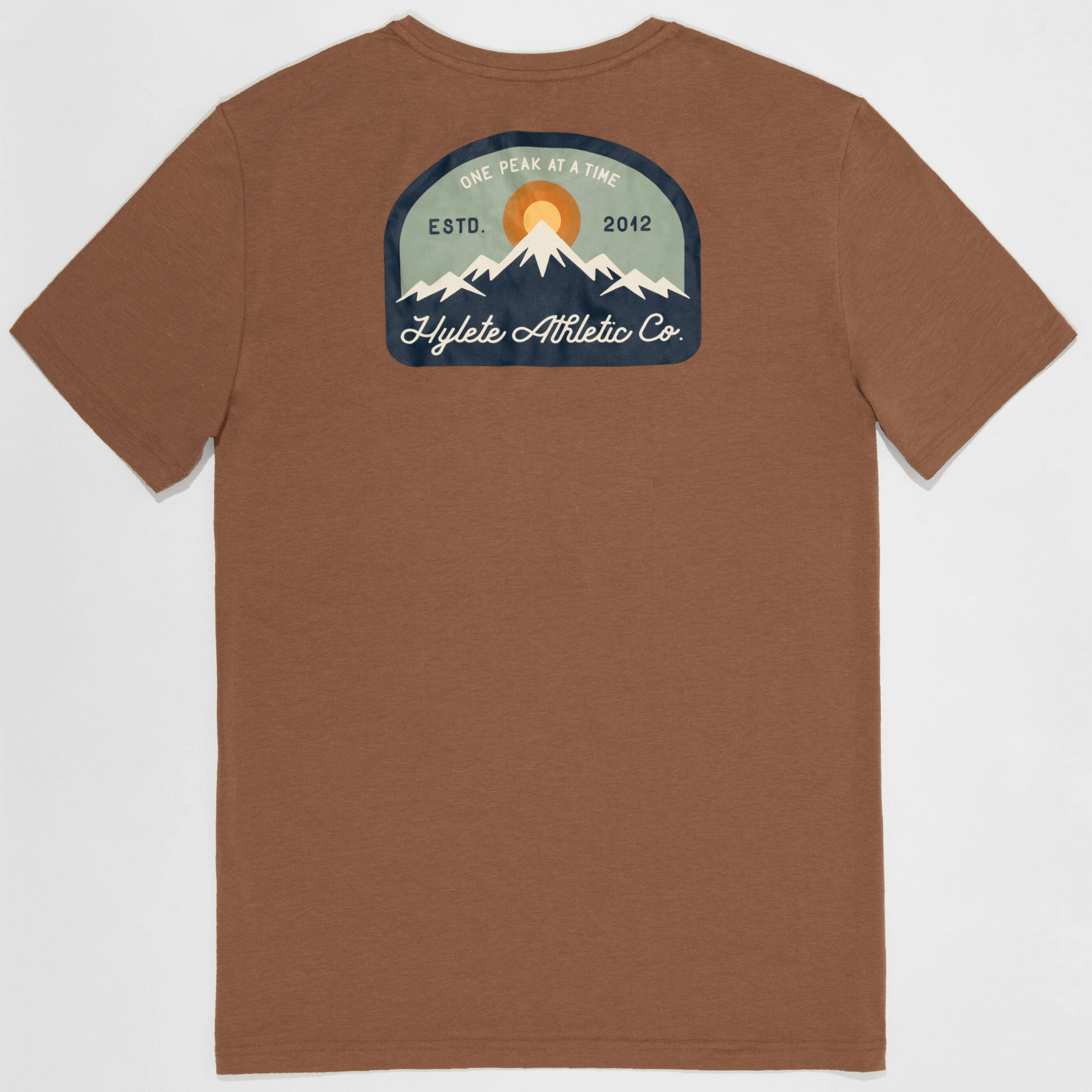 Raw Umber HY-Blend Crew Tee back view with mountain logo and 