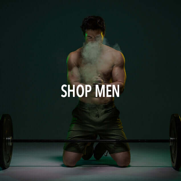 Shop Men Banner - Male kneeling in-front on barbell with weights on it