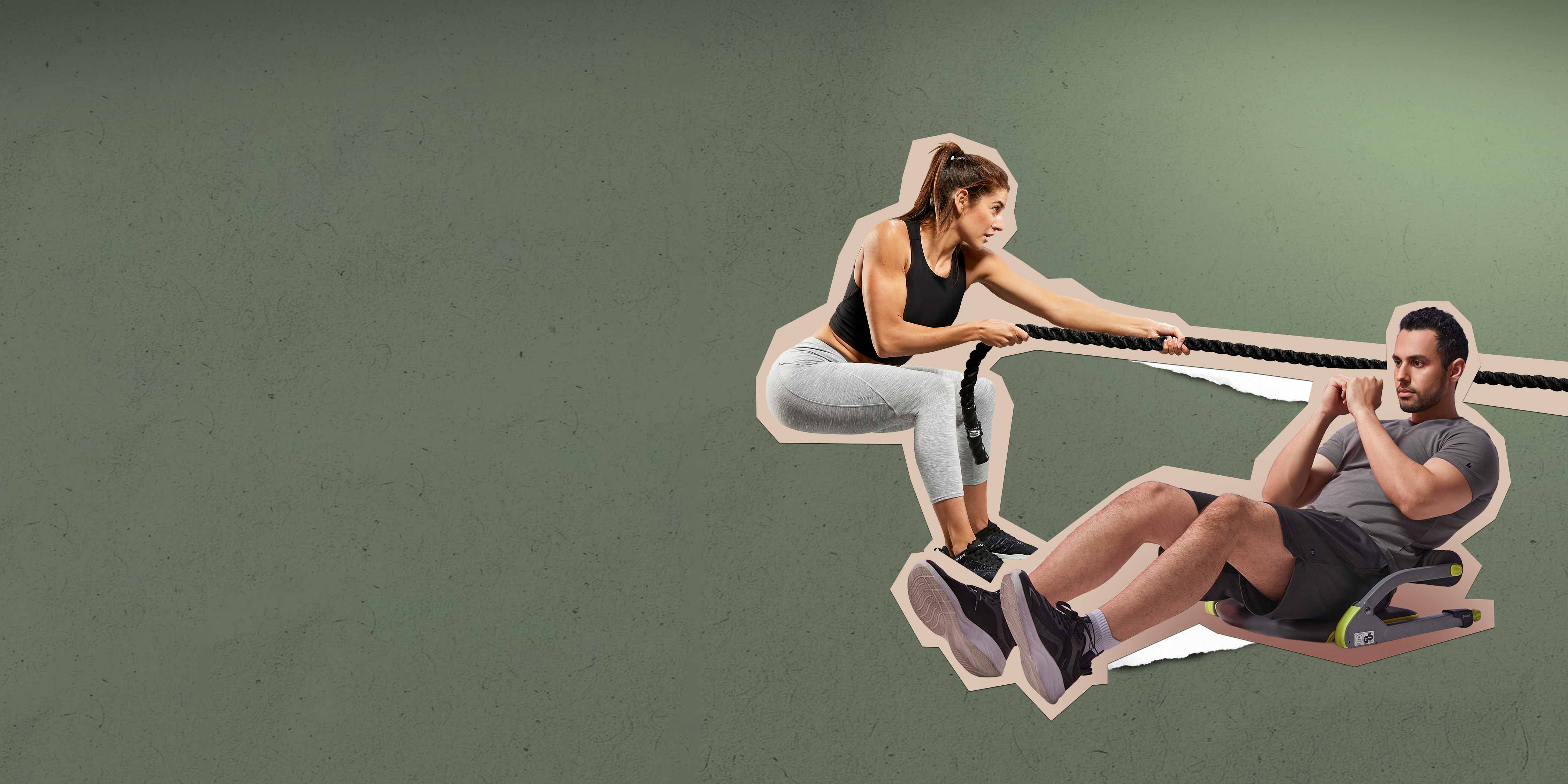 A man using an abdominal workout machine and a woman doing a workout with a rope.